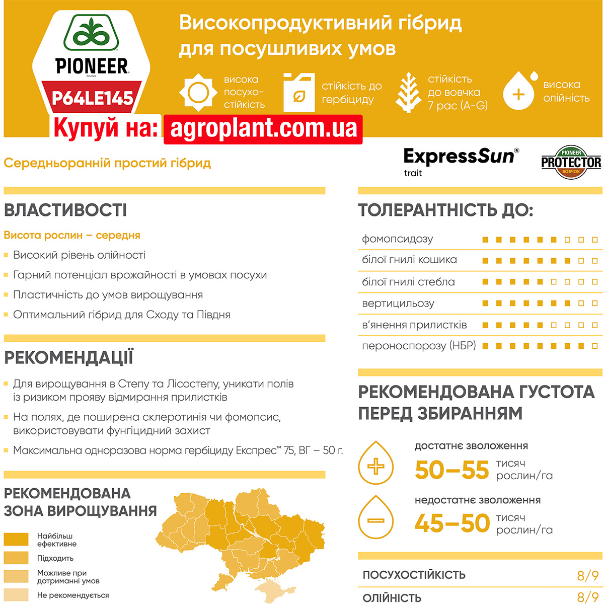 Піонер 145 соняшник характеристики