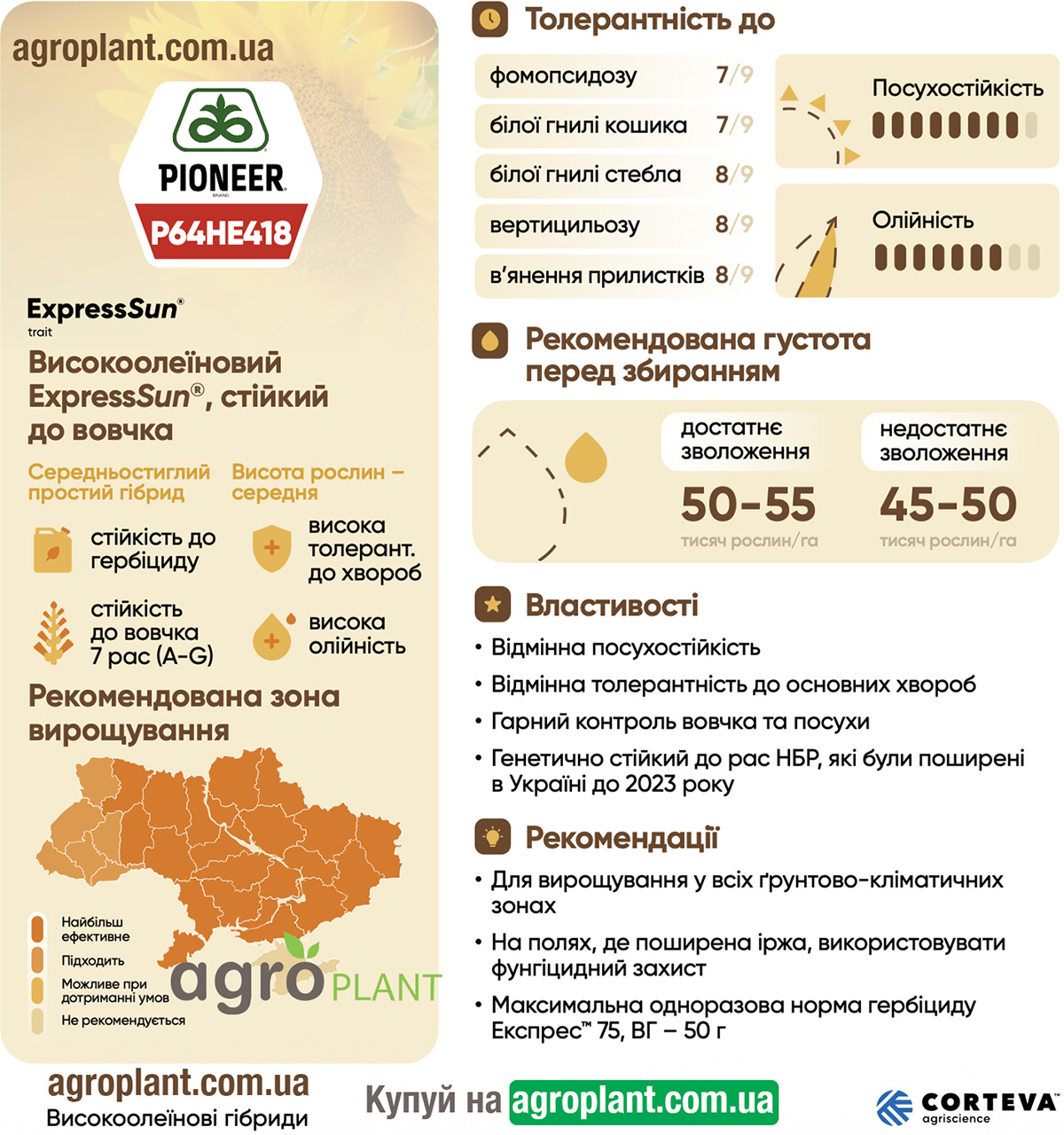 Інформація про соняшник Піонер 418 (П64ГЕ418 / P64HE418) з каталога Pioneer