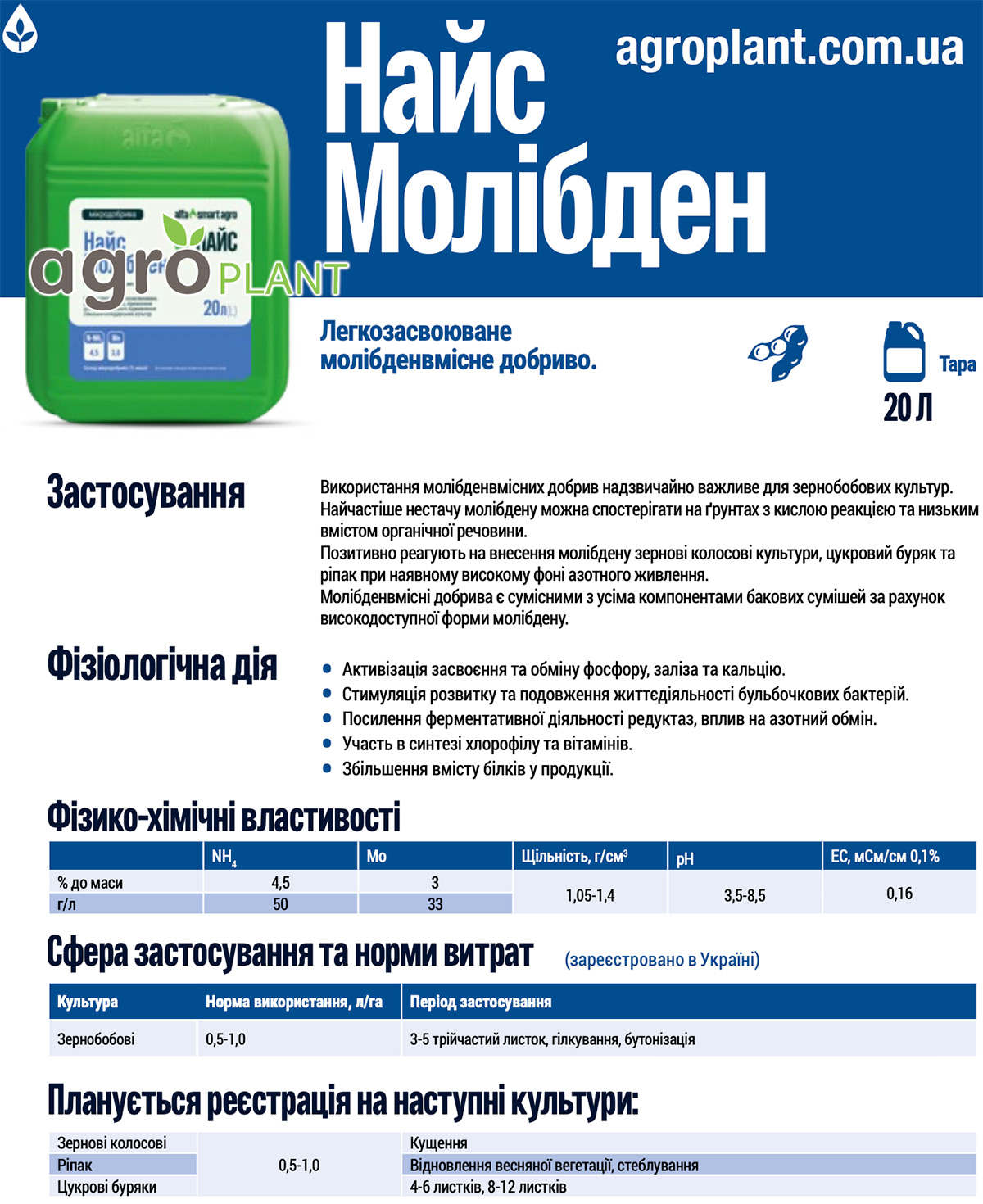 Найс Молібден – легкозасвоюване молібденвмісне добриво для сої (зернобобових), зернових, ріпаку та цукрового буряку