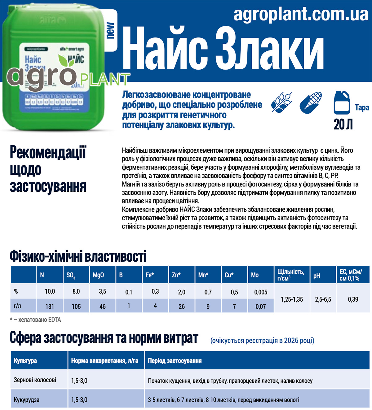 Найс Злаки – комплексне мікродобриво для зернових колосових і кукурудзи